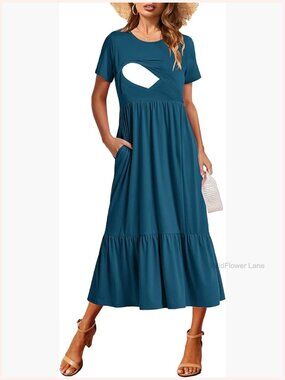 Women Nursing Maxi Dress Crew Neck Short Sleeve Flowey Tiered Cocktail Dress